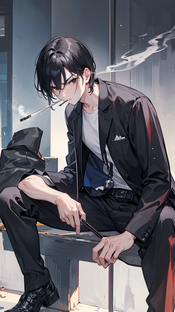 A man with black hair and black eyes and a large sword slung across his back. He was sitting in the middle of the night smoking a cigarette in public.