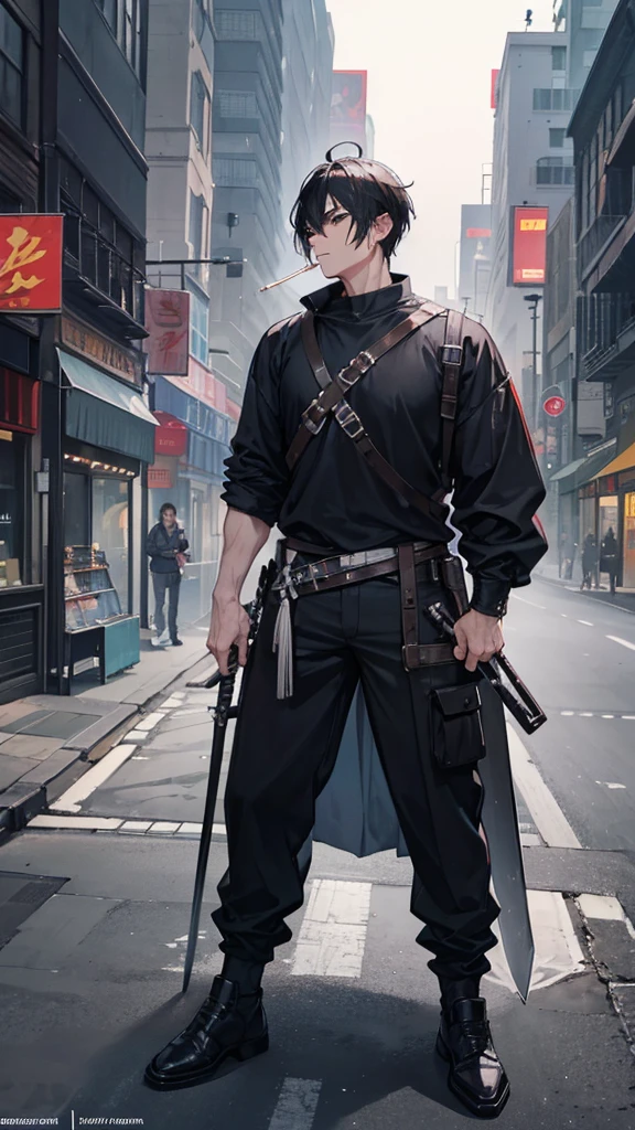 A man with black hair and black eyes and a large sword slung across his back. He was sitting in the middle of the night smoking a cigarette in public.