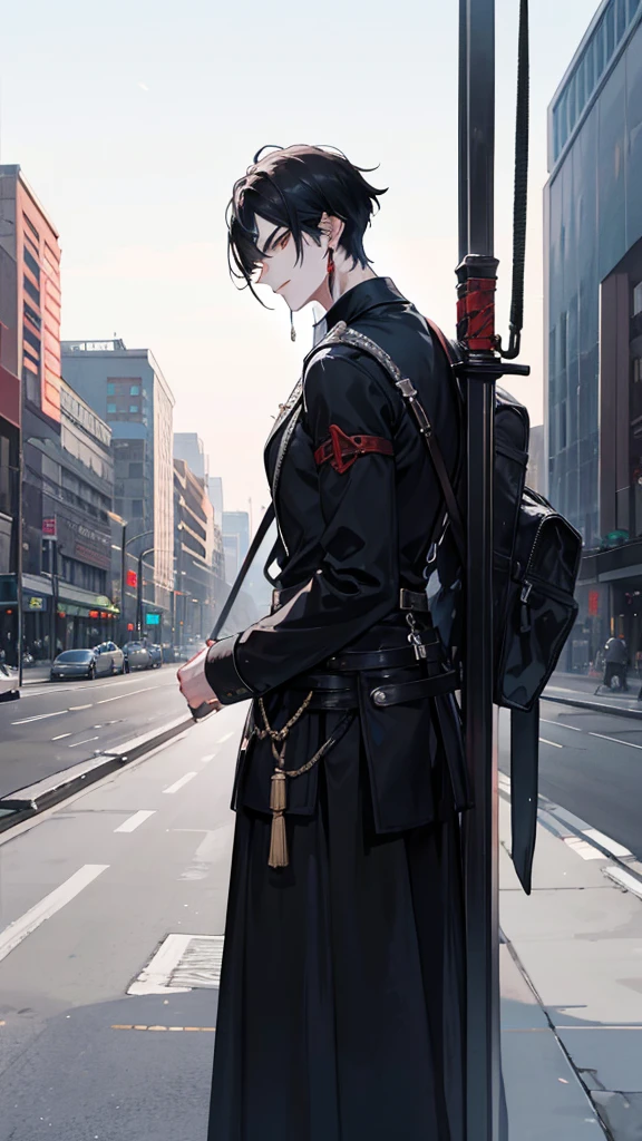 A man with black hair and black eyes and a large sword slung across his back. He was sitting in the middle of the night smoking a cigarette in public.