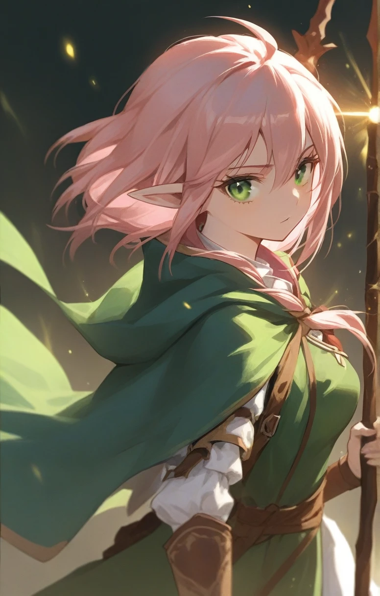 elf, woman, dnd, pink hair, adventurer, green cloak, elegant, wield staff, green eye, sun light, bust shot, flat chest