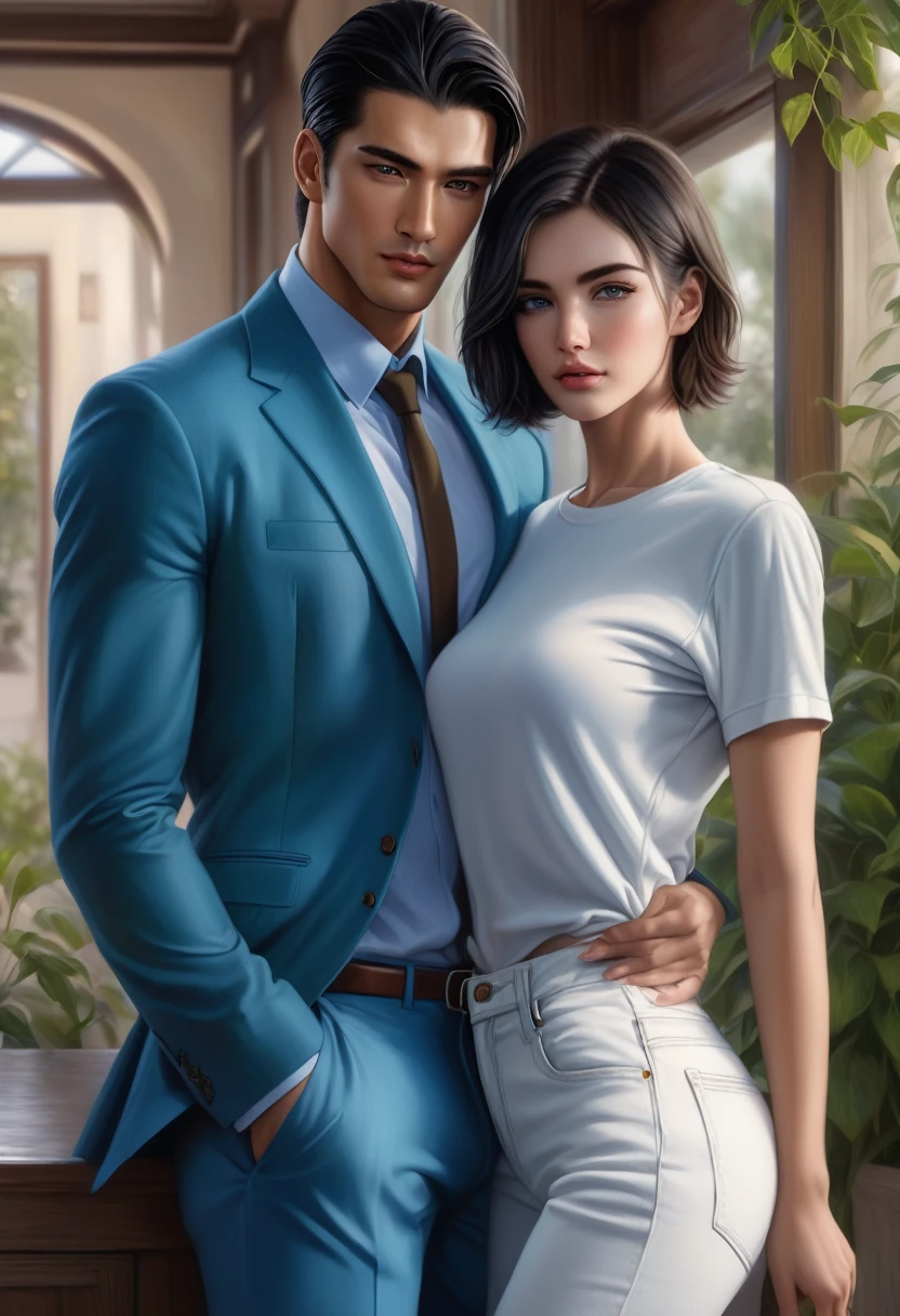 A tall handsome young man with black hair, black eyes, he is wearing a blue suit and he hugs an incredibly beautiful femme fatale young woman, she has a brown hair with a very short haircut standing next to him, she has brilliant green eyes, She is wearing a casual blue jeans and white T-Shirt. Masterpiece, perfect image, realistic pictures, detailed face study, full-length image, 8k, detailed image. an extremely detailed realistic image , a real masterpiece of the highest quality, man and women looking into each others eyes.