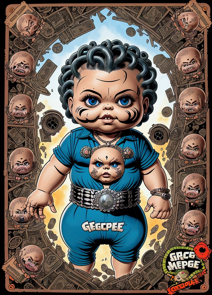 Medusa turning men into stone, ((garbage pail kids style)), in Greece, no text, wide angle, cartoon, high quality, watercolor, detailed, full body