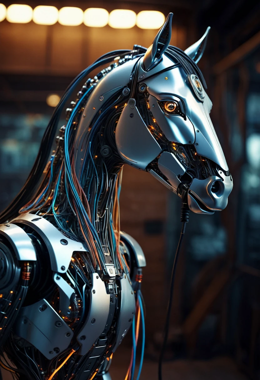 Translucent Film Still ,Horse(like cybernetic robot:1.5), (glowing veins:1.3) (cables going into body, circuit:1.3), highly detailed, vignette, very detailed, high budget, blurry, grumpy, awesome, nice, film grain, grainy masterpiece realistic, highest quality, perfect detail, complex details, nice lighting, detailed background, realistic, highest quality perfect detail, intricate details, nice lighting, detailed backgrounds,...