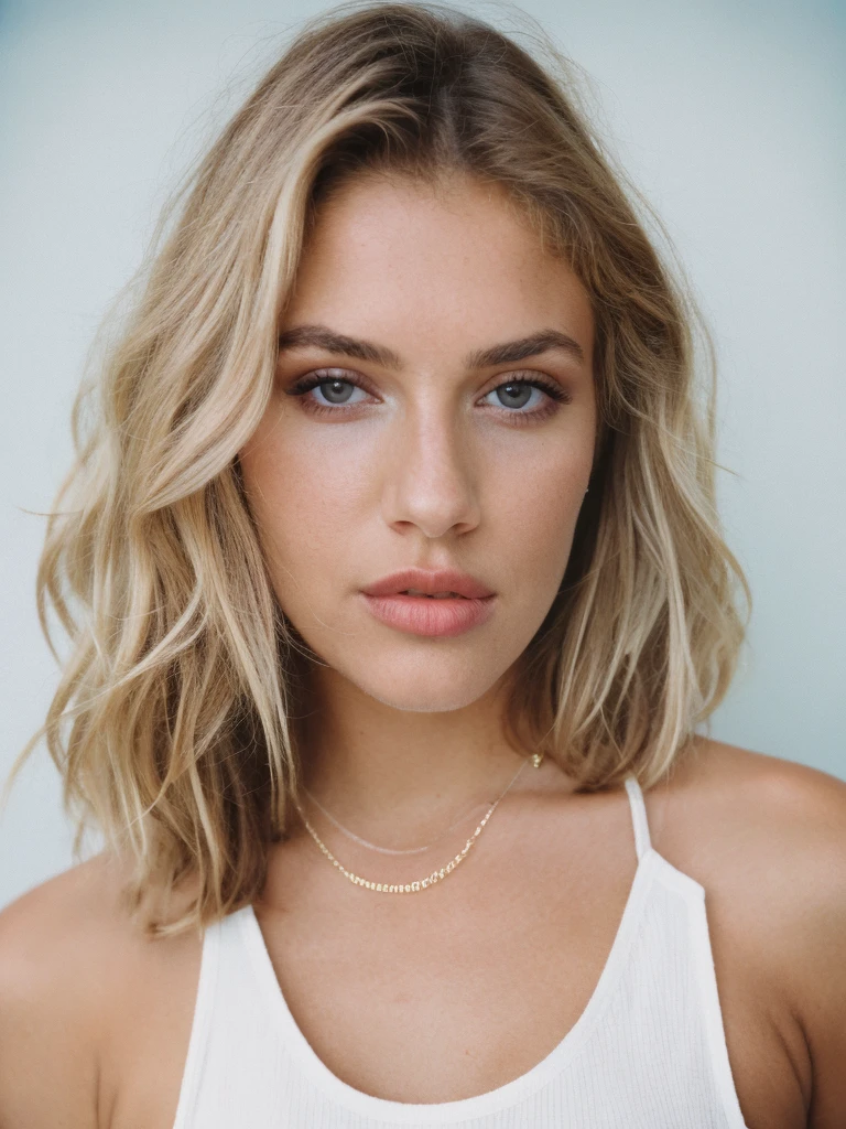 a beautiful 23-year-old woman, top model, pose for the picture, makeup, lips, ((medium large breast)), blonde, messy hair, short hair, necklace, film grain, retro, Porta 160 color, shot on ARRI ALEXA 65, Fujifilm XT-3