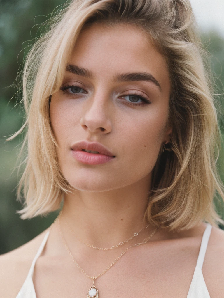 a beautiful 23-year-old woman, top model, pose for the picture, makeup, lips, ((medium large breast)), blonde, messy hair, short hair, necklace, film grain, retro, Porta 160 color, shot on ARRI ALEXA 65, Fujifilm XT-3