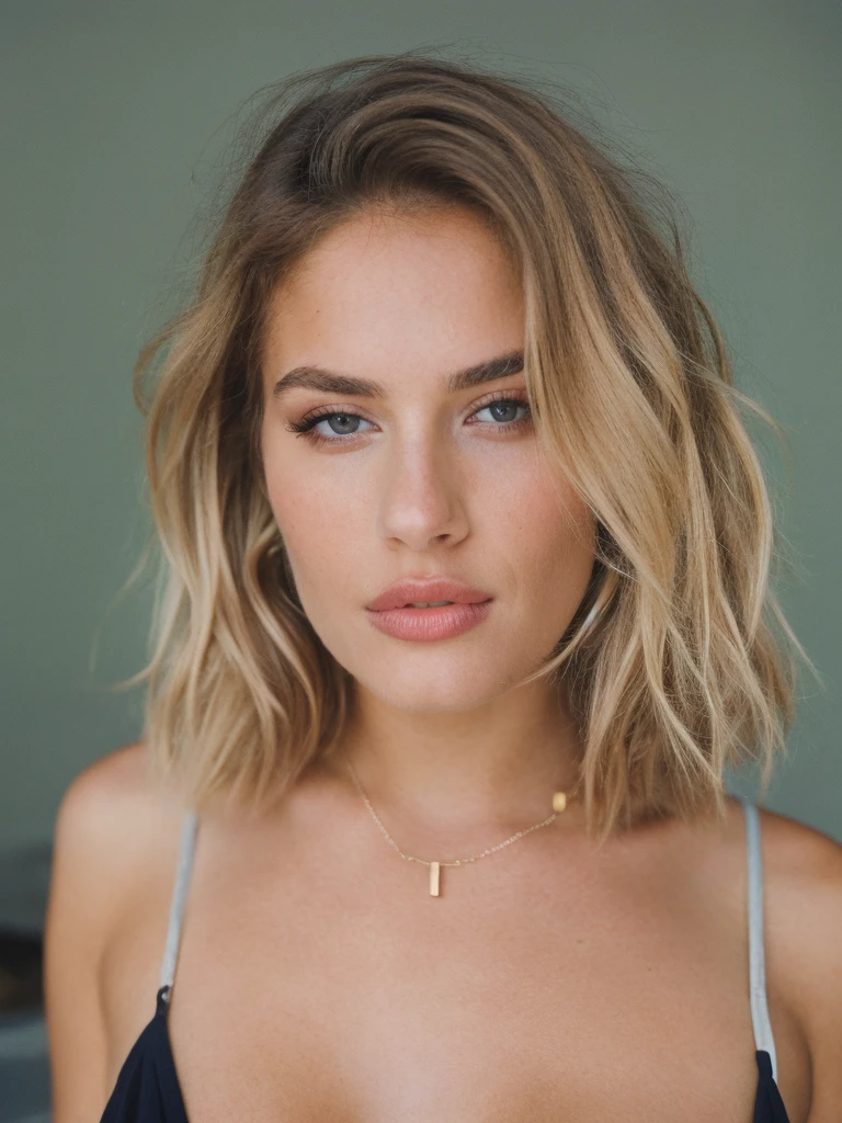 a beautiful 23-year-old woman, top model, pose for the picture, makeup, lips, ((medium large breast)), blonde, messy hair, short hair, necklace, film grain, retro, Porta 160 color, shot on ARRI ALEXA 65, Fujifilm XT-3
