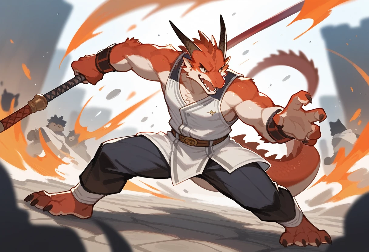 top quality, high-quality illustrations((masterpiece))depth of field, motion blur, absurdres, Perfect Anatomy, magnificent picture of kemono fighting fierce battles, kemono, 1boy, solo focus, Anthro((dramatic))epic, weapon, dynamic pose, One scene of movie,FURRY，dragon