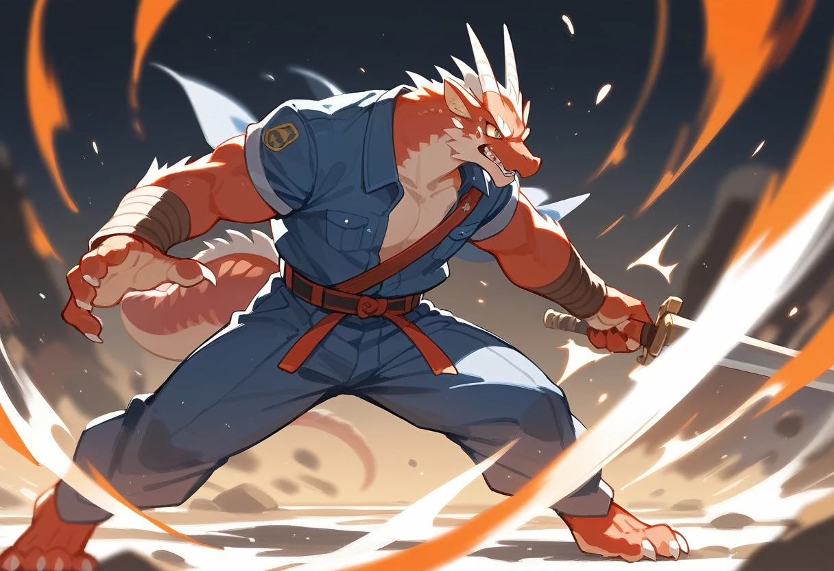 top quality, high-quality illustrations((masterpiece))depth of field, motion blur, absurdres, Perfect Anatomy, magnificent picture of kemono fighting fierce battles, kemono, 1boy, solo focus, Anthro((dramatic))epic, weapon, dynamic pose, One scene of movie,FURRY,dragon
