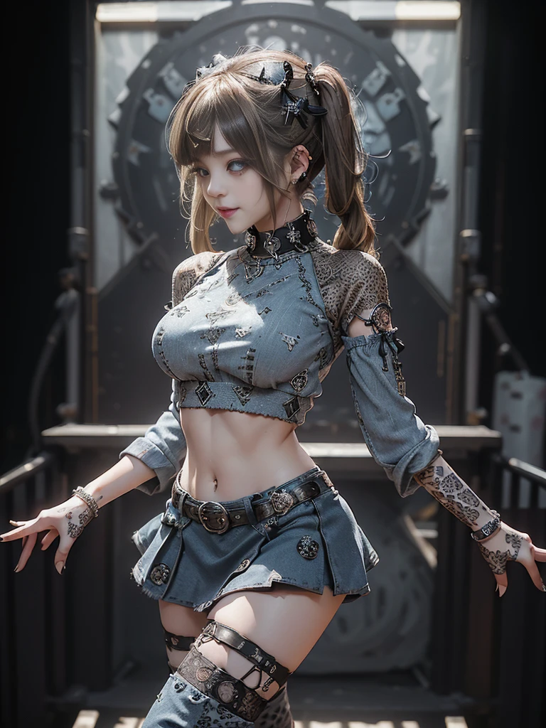 (Full Body View:1.2)、(Side view:1.2)、(Smiling with teeth showing:1.3),(Hollywood actress:1.5)、(Gothic Lolita style fashion:1.5)、(Punk RockVisual Kei:1.5)、(Wearing a sweater with intricate decoration:1.4)、(A mini skirt with delicate white, denim and charcoal embellishments.:1.5)、(Denim, light blue and leopard print boots:1.3)、((belt))、(Numerous intricate patterns all over the costume:1.4)、(collar:1.3)、(Leopard print underwear:1.5)、20-year-old、NSFW、((Highest quality、In 8K、masterpiece:1.3))、Sharp focus:1.2、(Layered Cut、Huge boobs:1.1),Beautiful woman with perfect figure:1.4、(Dancing vigorously:1.3)、Slender Abs:1.2、Highly detailed face and skin texture、Detailed eyes、double eyelid,(Twin tails:1.3)、(Brown-golden hair:1.3)、Gravure idol、(The background is the stage of the fashion show:1.3)、(Slim Body:1.3),(Make your legs thinner:1.4),(clavicle:1.1)