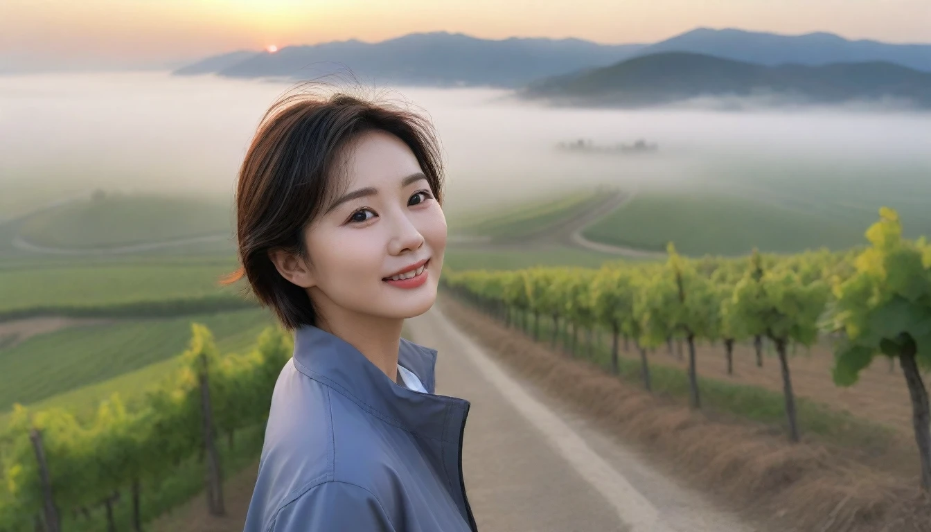 8k realistic, lifelike photo,, 36 year old Korean woman, Short in stature, pretty like a model. High-end luxury brand windbreaker, casual pants, short medium hair, Smiley, Italy. vineyard, thick dawn fog. vineyard 멀리 짙은 안개 속으로 마을이 보인다. 1 woman, Short in stature, Excellent picture quality, The morning fog is thick, The picture quality is alive. 옆면 look up, sunrise red light, A monastery can be seen in the distance, . Smiley, Wide angle lens upper body shot, look up, standing on the path