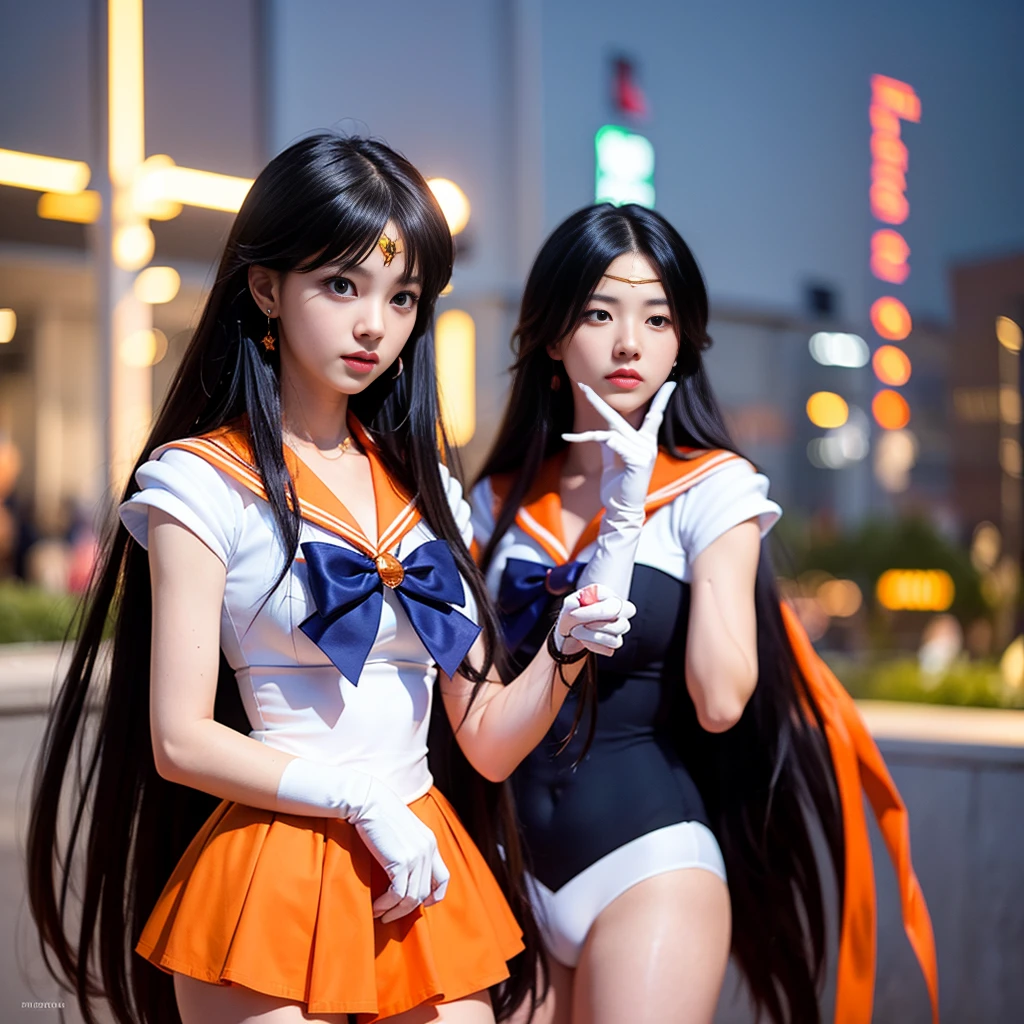 1 girl,long hair, (high quality,8K,yellow hair, realistic, high quality,masterpiece,Super detailed,organized)1.5,((Summer 1, tiara, Sailor Venus Uniform, white gloves, Orange sailor collar, orange skirt)),City of night,white gloves,dark-blue ribbon,blue eye, (magical world,fire), (bust-up photo, standing:1.5), yeji, yeji of itzy,kpop