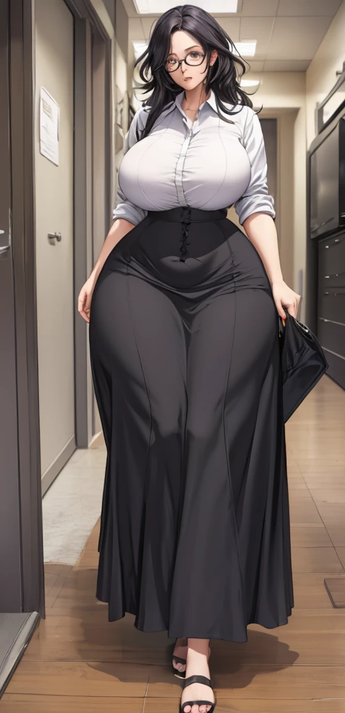 Nerdy woman, thick glasses, messy hair, gigantic breast, extremely wide hips, baggy shirt and long skirt