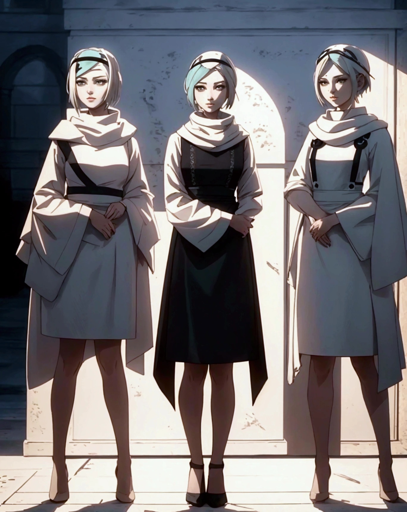 a girl with short bob haircut, medium length hair, standing alone, wearing a cowl headband, profile view, looking at the viewer, beautiful detailed eyes, beautiful detailed face, extremely detailed, (best quality, 4k, 8k, highres, masterpiece:1.2), ultra-detailed, (realistic, photorealistic, photo-realistic:1.37), cinematic lighting, ethereal, fantasy, elegant, serene, soft colors, muted tones