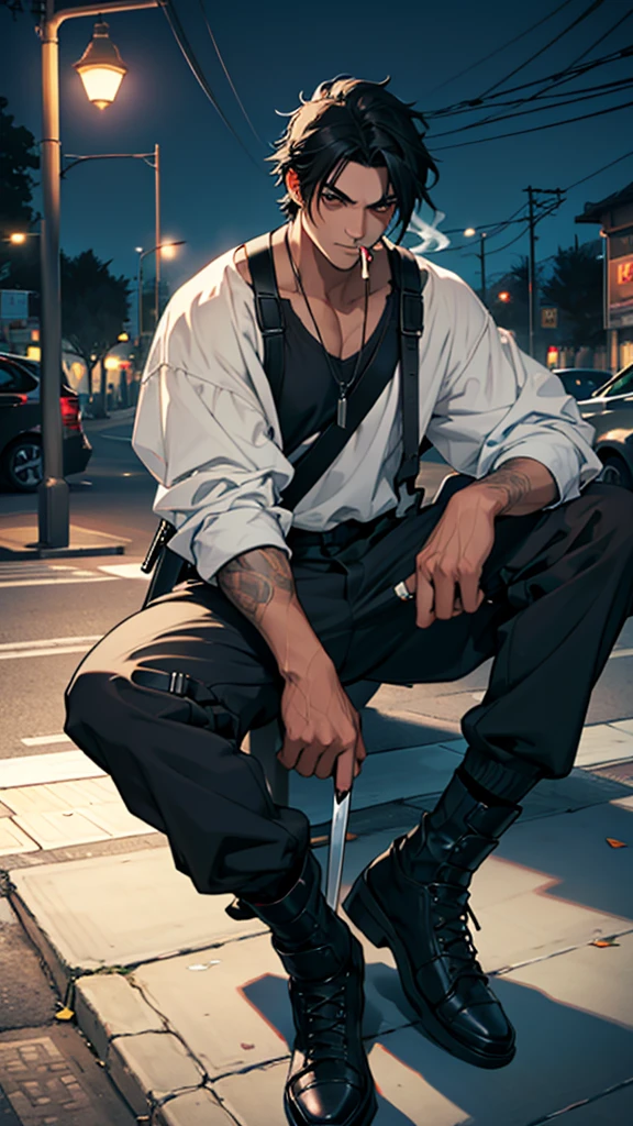 A man with black hair and black eyes and a large sword slung across his back. He was sitting in the middle of the night smoking a cigarette in public.