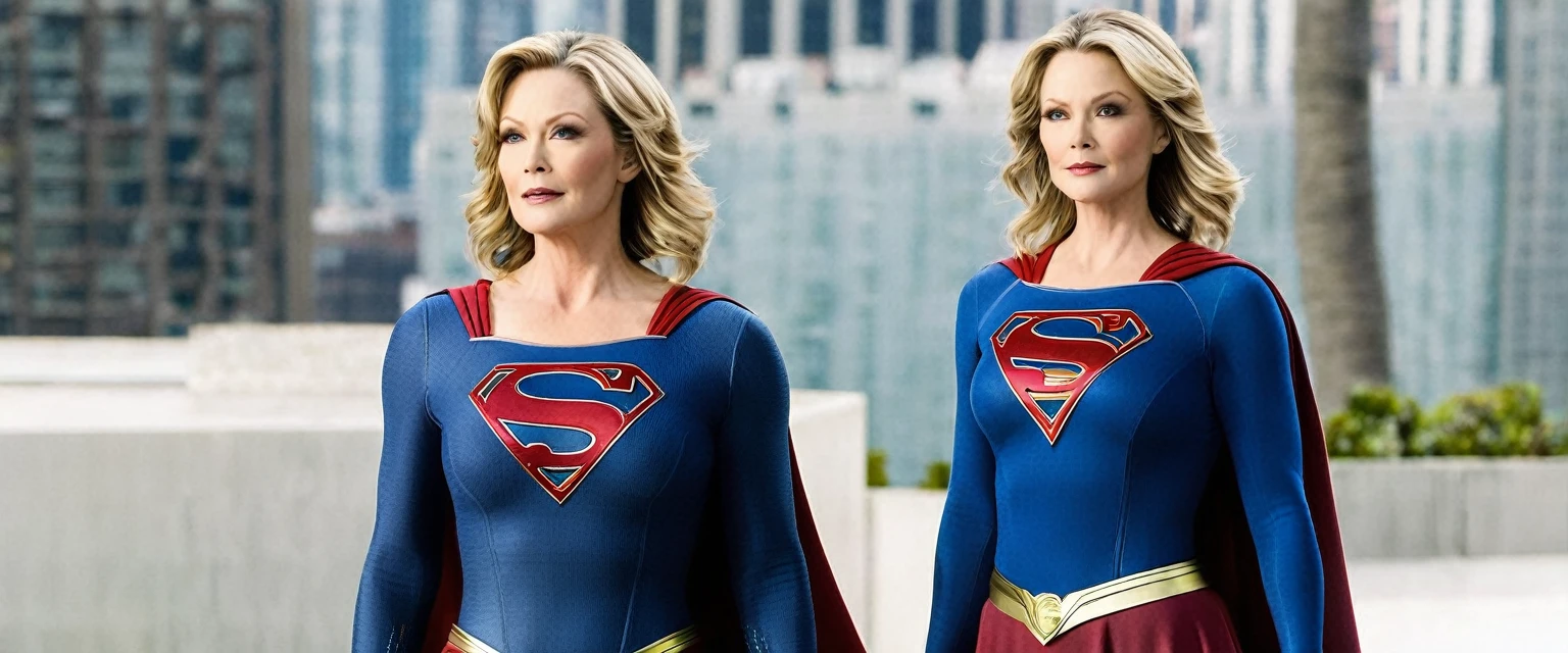  Super Jean Smartactress (big fat woman; powerful; trusting; higher) 2024 (((Woman defined body strong and firm large breasts; Supergirl 1984s costume dress))) as Supergirl(((Filme da Supergirl de 2024 de Jean Smart actress))); floating in mid - air. 