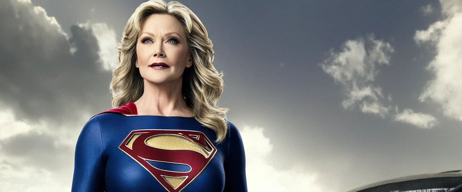  Super Jean Smartactress (big fat woman; powerful; trusting; higher) 2024 (((Woman defined body strong and firm large breasts; Supergirl 1984s costume dress))) as Supergirl(((Filme da Supergirl de 2024 de Jean Smart actress))); floating in mid - air. 