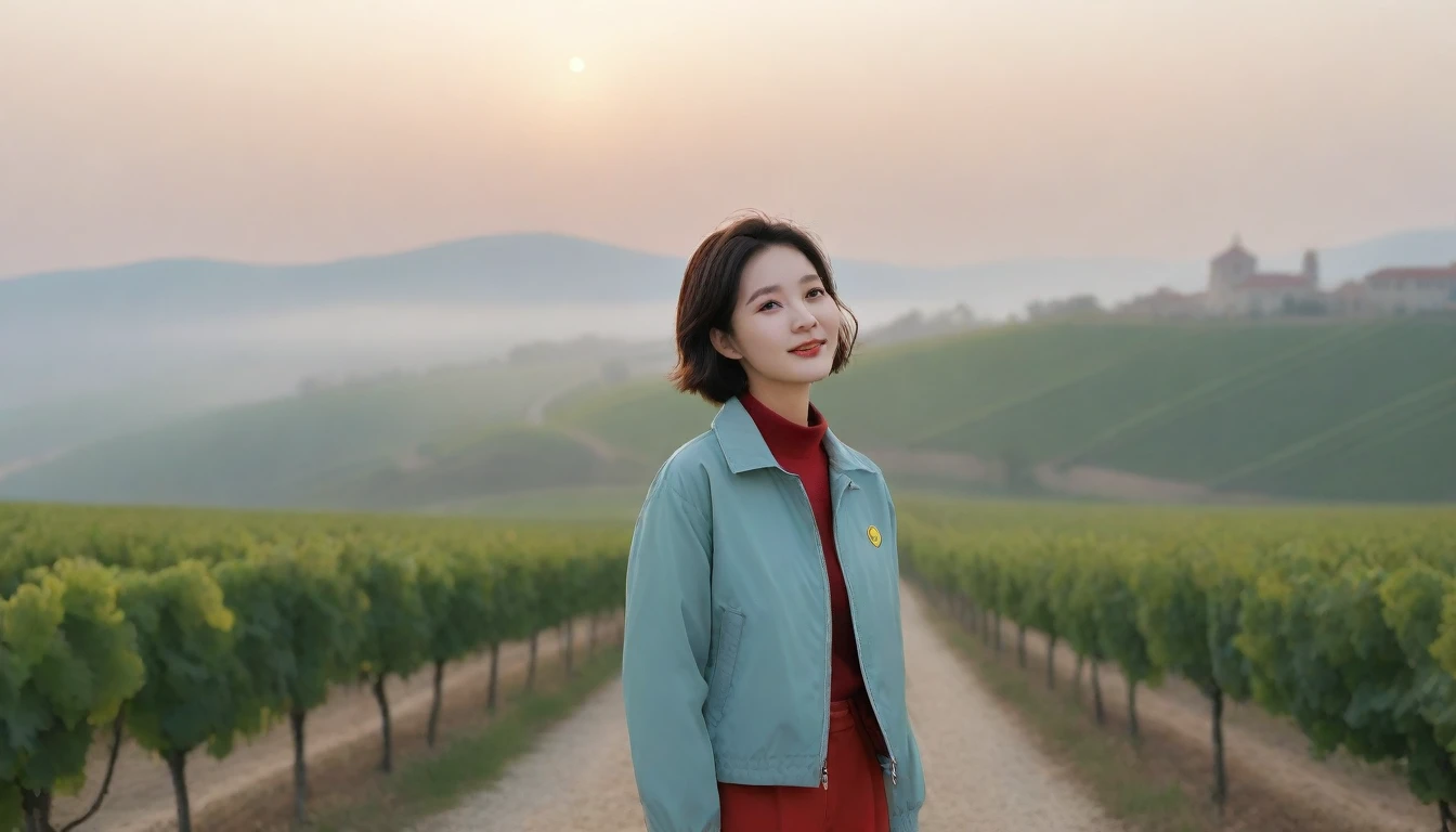 8k realistic, lifelike photo,, 36 year old Korean woman, Short in stature, pretty like a model. High-end luxury brand windbreaker, casual pants, short medium hair, Smiley, Italy. vineyard, thick dawn fog. vineyard 멀리 짙은 안개 속으로 마을이 보인다. 1 woman, Short in stature, Excellent picture quality, The morning fog is thick, The picture quality is alive. 옆면 look up, sunrise red light, A monastery can be seen in the distance, . Smiley, Wide angle lens upper body shot, look up, standing on the path, Show your waist