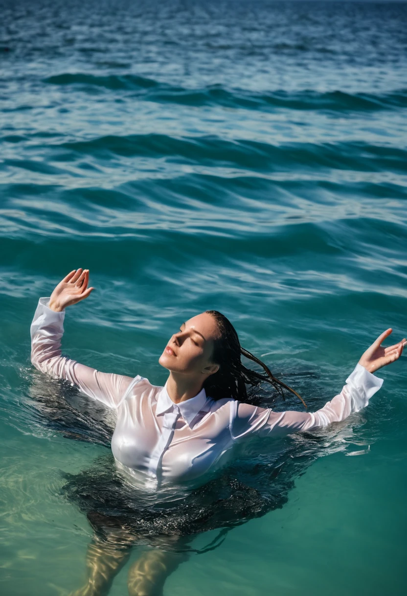 perfect photo of a Caucasian woman (emerging out of water:1.3) wearing (wet satin shirt:1.2), long sleeves, (swimming in ocean) (only head over water:1.4), partially submerged, (black bra visible through shirt:1.2), photographed on a Fujifilm XT3, 80mm F/1.7 prime lens, cinematic film still, cinestill 500T, highly detailed, masterpiece, highest quality, intricately detailed, HDR, 8k, uhd, photorealistic