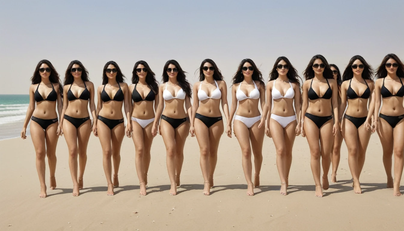 8k, top quality, finish: 1.2), (realistic, photo-realistic: 1.37), highly detailed, (1000 girls), This realistic image shows a large group of sexy Saudi Arabian women, wearing bikinis and black headscarves, walking on a beach in Saudi Arabia. The women in the image are white and appear to have different ages and slim body shapes. The atmosphere of this image looks like a parade or a special event involving many female participants. , breasts, beautiful eye details, (bikini: 1.1), ((sexy)), curvy body, (full body), standing, sexy,