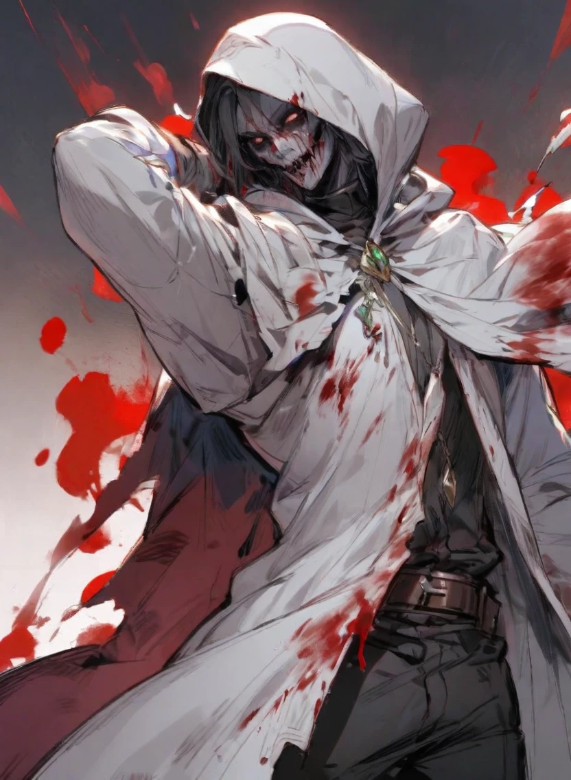 male warlock dnd, undead body, wearing a bloodstained white hood cloak with a blood