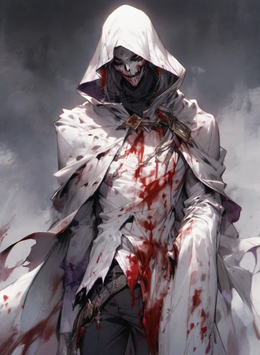 male warlock dnd, undead body, wearing a bloodstained white hood cloak with a blood