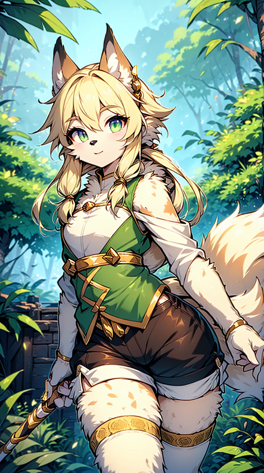 Wolf Boy，Wolf-eared boy，Archer Boy，Smile，cute，Tail，狼Tail，金色Tail，Hunter Junior，furry，furry，hairy，Blonde hair all over，Golden fur，Golden fur，Green Archer Costume，quiver，背着quiver，Long hair，blond，hunter costume，holding a longbow，Holding a bow and arrow，hunter costume，furry，White silk knee socks，White knee socks，White lace over-the-knee socks，Shorts Leather Shorts，Big Ass，Pseudo-sissy ass，femboy，绿色hunter costume，Forest Background，Jungle Background，Outdoor Background