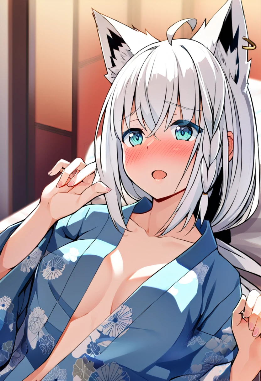 one girl, Shirakami Fubuki, fox ears, white hair, upperbody focus, yukata, beautiful, cute, be ready for sex, lying on bed, naive, love me, shy