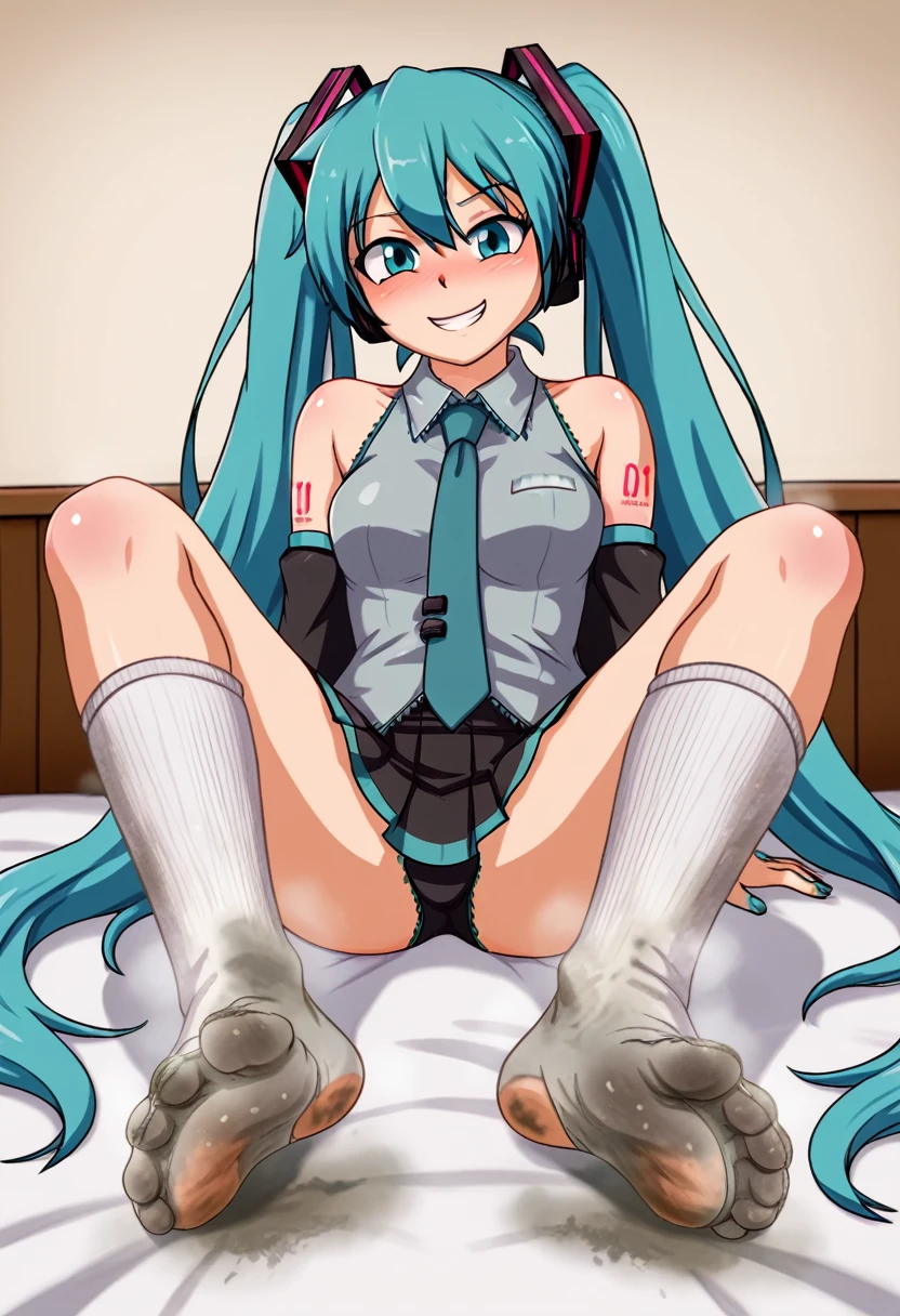 Hatsune miku, socked soles, socked feet, white socks, dirty socks, stinky socks, high socks, dominant look, close-view on socks. Masterpiece, UHD