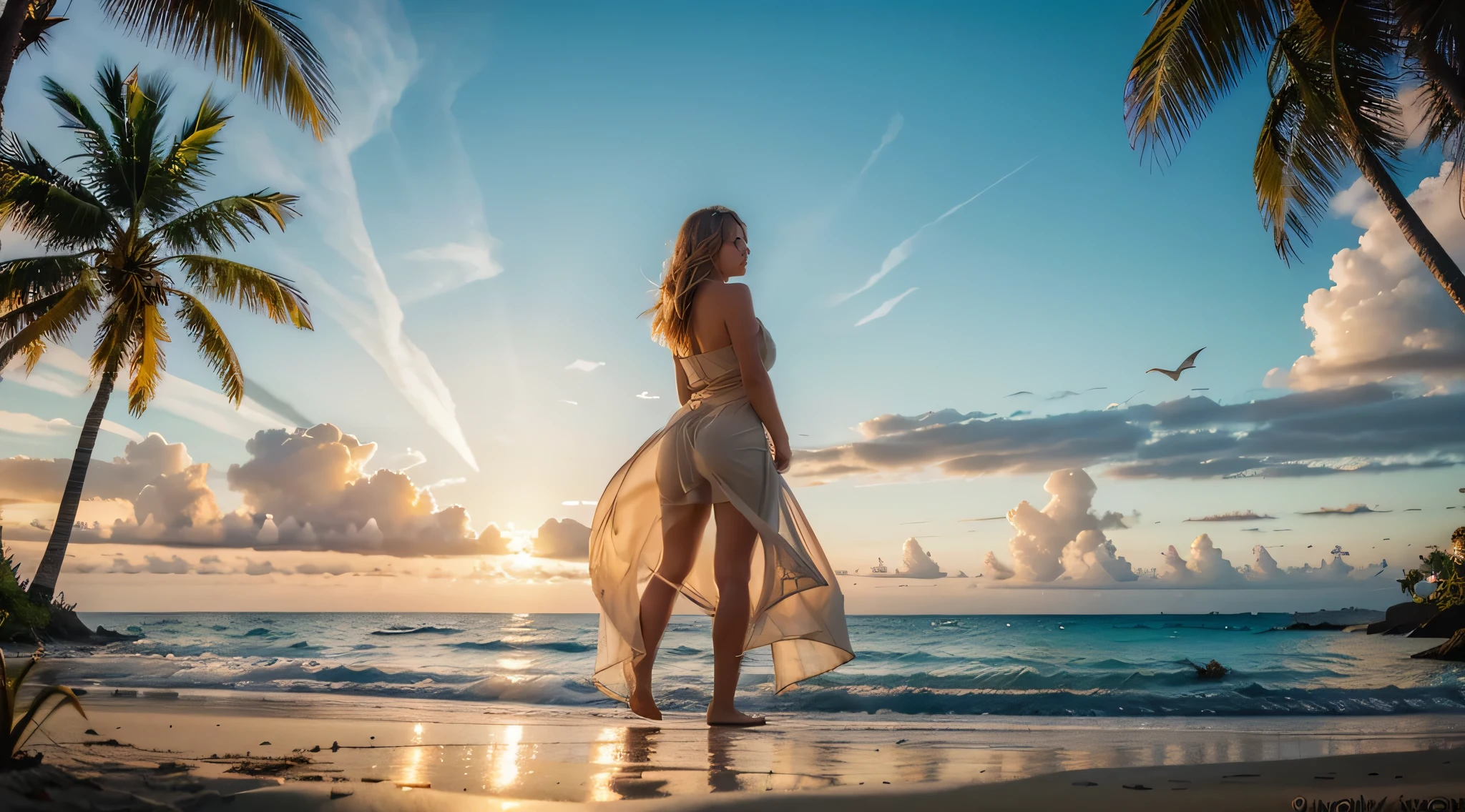 dual lipa,beach,sunset,(best quality,4k,8k,highres,masterpiece:1.2),ultra-detailed,(realistic,photorealistic,photo-realistic:1.37),illustration,summer vibes,warm tones,natural lighting,breezy atmosphere,soft sand,rolling waves,palm trees,peaceful horizon,serene calmness,vivid colors,blonde hair flowing in the wind,curvy figure,sunning on the beach,stunning view,reflection on the water,endless ocean,silhouette of seagulls,gentle breeze,swaying grass,tropical paradise