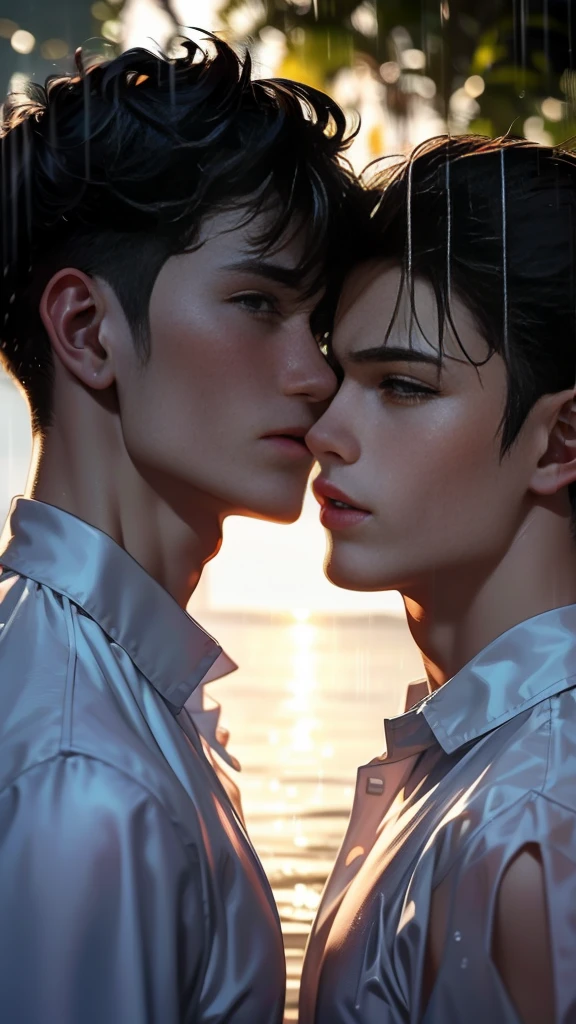 Two handsome 25 year old men about to kiss.。Handsome man gets wet in the rain、The clothes are transparent。He wears a white shirt。The man on the left holds the wrist of the man on the right