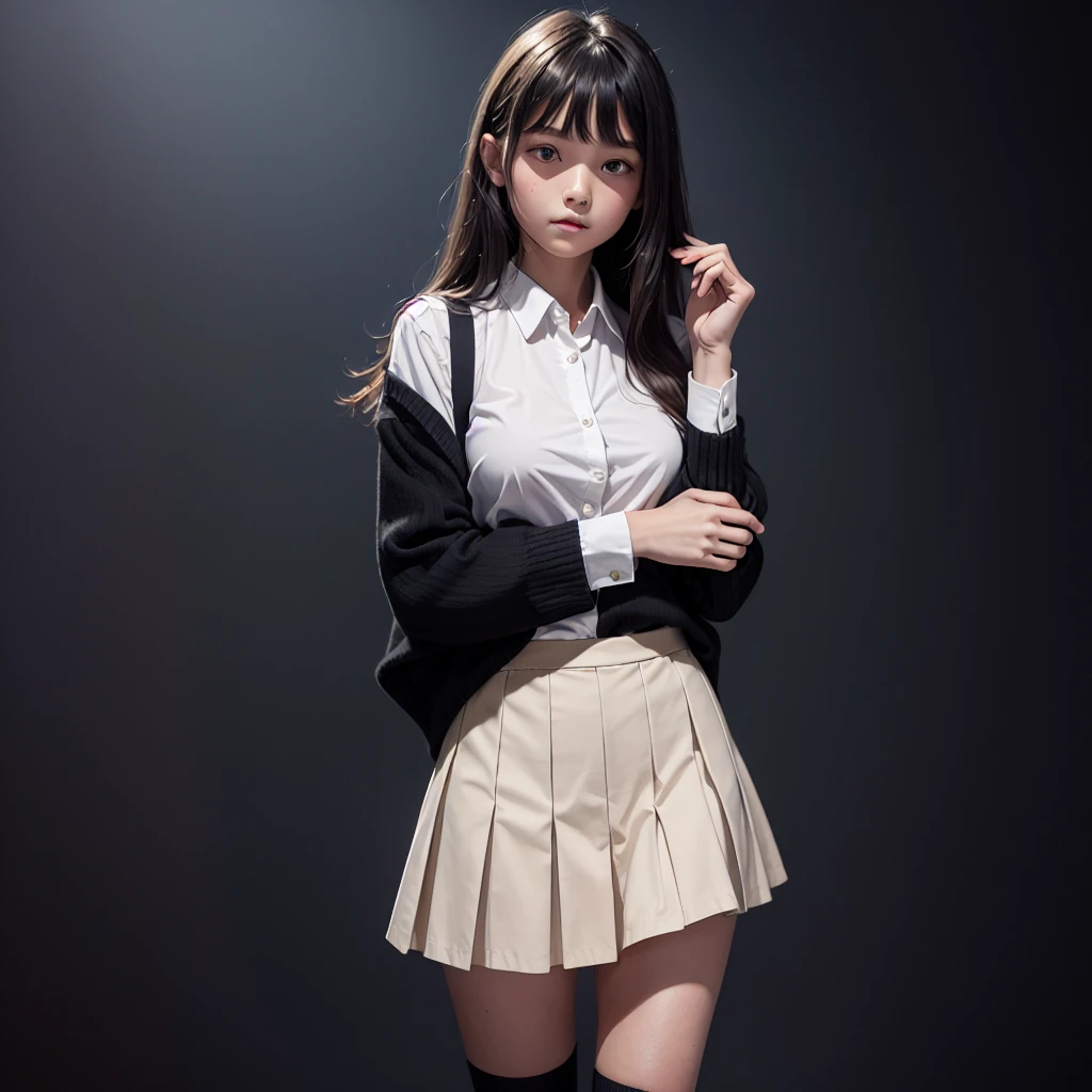 1girl, (12 year old, 12 year, age-12), solo, long hair, looking at viewer, blush, bangs, skirt, simple background, brown hair, shirt, long sleeves, black background, closed mouth, , standing,  white shirt, pleated skirt, open clothes, no bra,(nsfw) socks, collared shirt, hand up, miniskirt, sleeves past wrists, kneehighs, swept bangs, green skirt, black socks, arm at side, hand in own hair, masterpiece, best quality, highly detailed, open vest