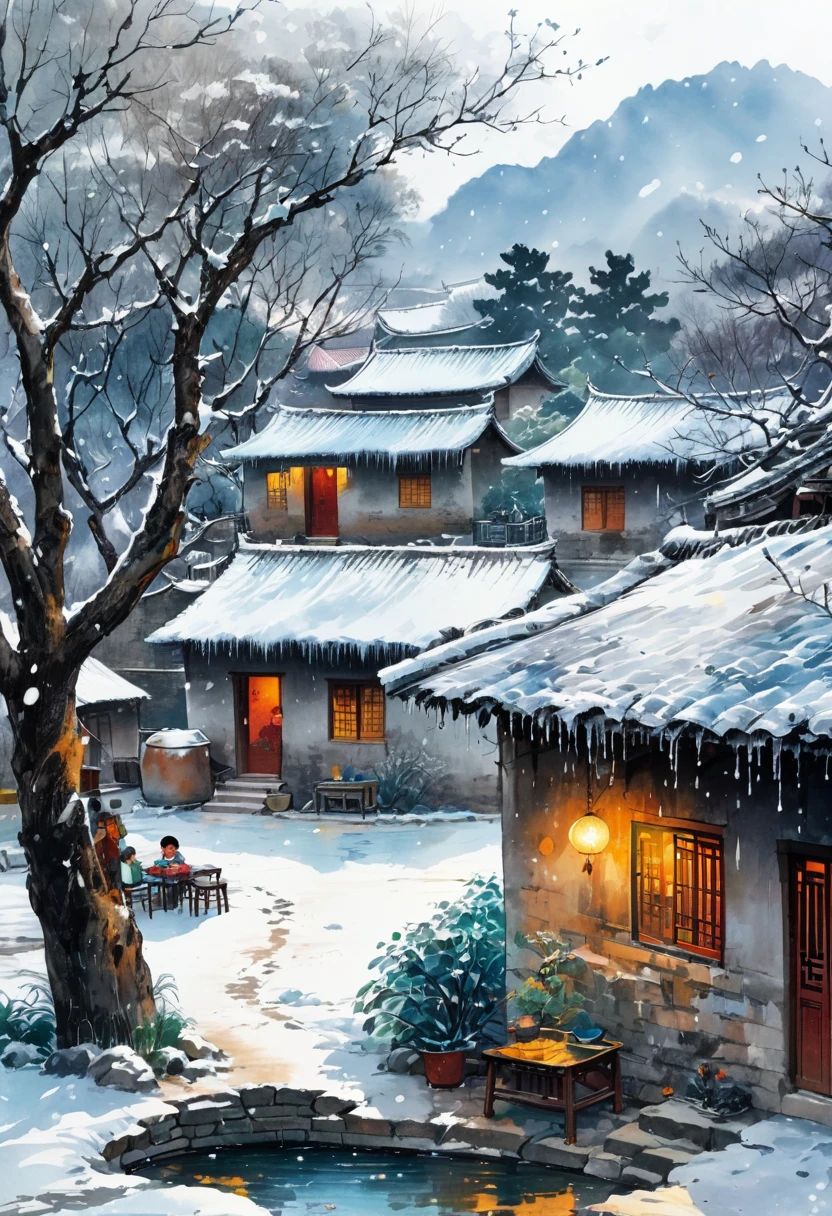 Ink Painting：China 70s，winter，heavy snow，Village courtyard，Warm home，patio，Icicles on the eaves，Tree，The Trail，Water tank in the yard，Happy little ones