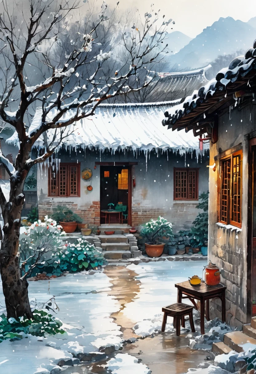 Ink Painting：China 70s，winter，heavy snow，Village courtyard，Warm home，patio，Icicles on the eaves，Tree，The Trail，Water tank in the yard，Happy little ones