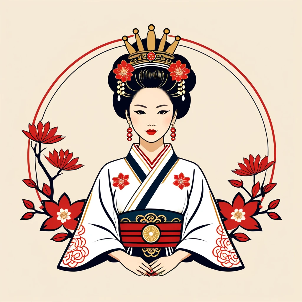 female queen in japan folk outfit, vector graphics, strong contours, logo design
