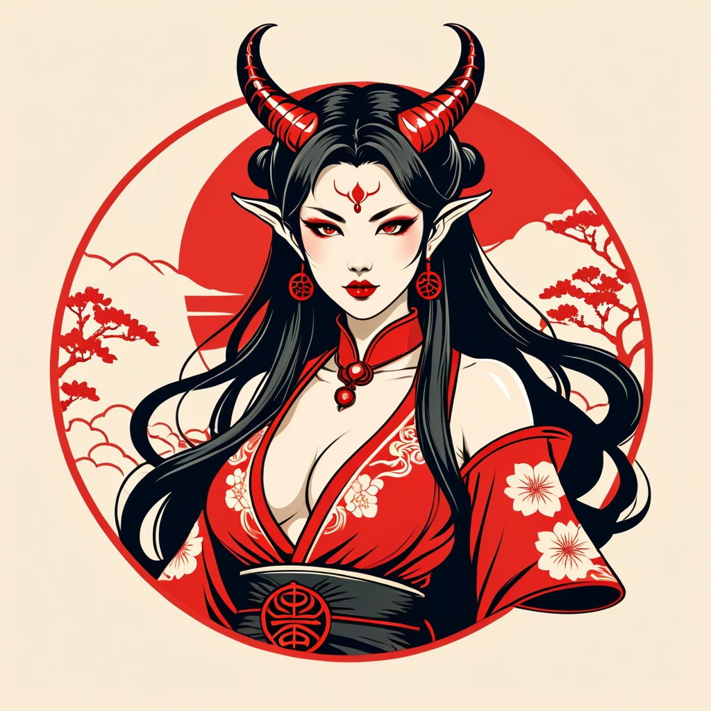 female succubus in japan folk outfit, vector graphics, strong contours, logo design