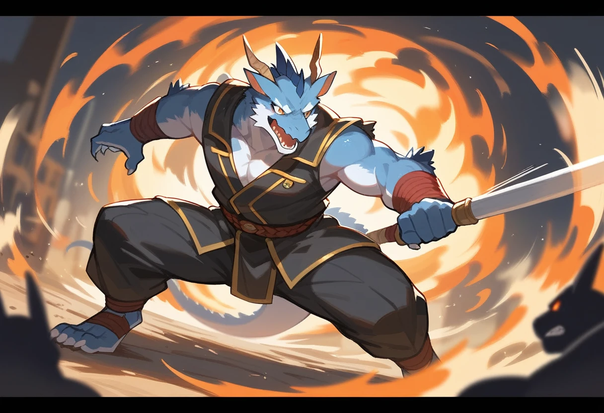 top quality, high-quality illustrations((masterpiece))depth of field, motion blur, absurdres, Perfect Anatomy, magnificent picture of kemono fighting fierce battles, kemono, 1boy, solo focus, Anthro((dramatic))epic, weapon, dynamic pose, One scene of movie,FURRY，dragon