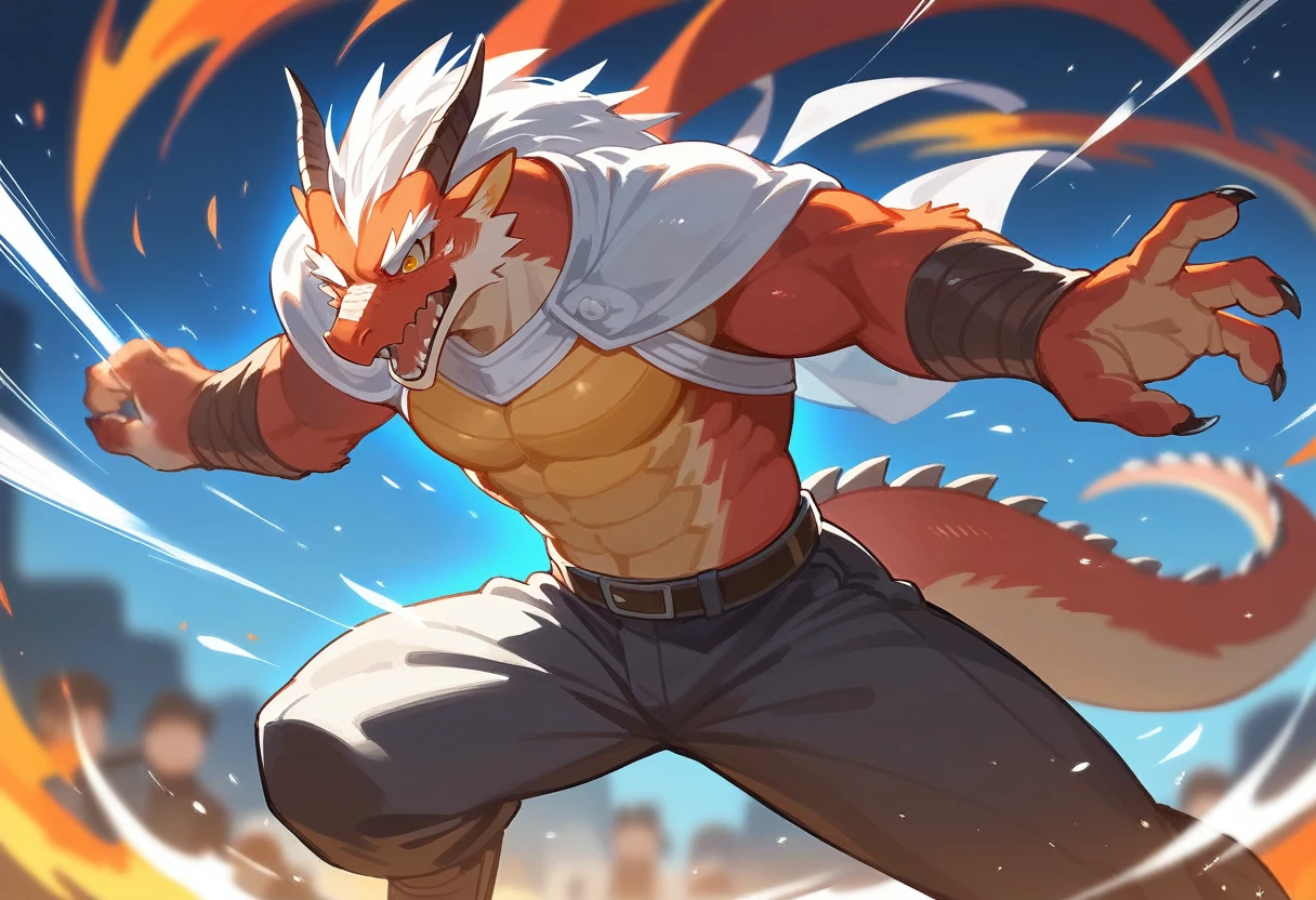top quality, high-quality illustrations((masterpiece))depth of field, motion blur, absurdres, Perfect Anatomy, magnificent picture of kemono fighting fierce battles, kemono, 1boy, solo focus, Anthro((dramatic))epic, weapon, dynamic pose, One scene of movie,FURRY,dragon
