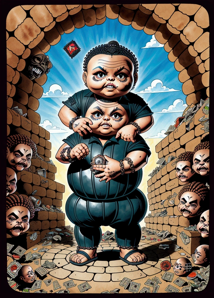 Medusa turning men into stone, ((garbage pail kids style)), in Greece, no text, wide angle, cartoon, high quality, watercolor, detailed, full body