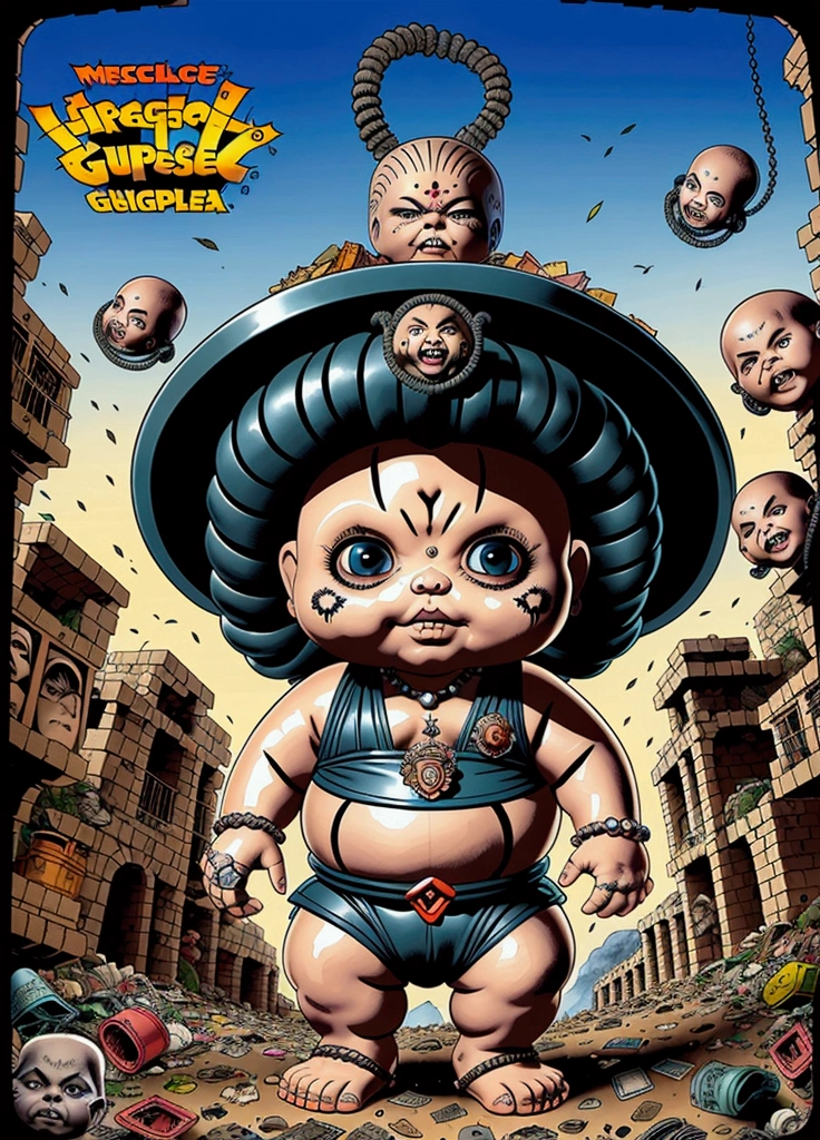 Medusa turning men into stone, ((garbage pail kids style)), in Greece, no text, wide angle, cartoon, high quality, watercolor, detailed, full body