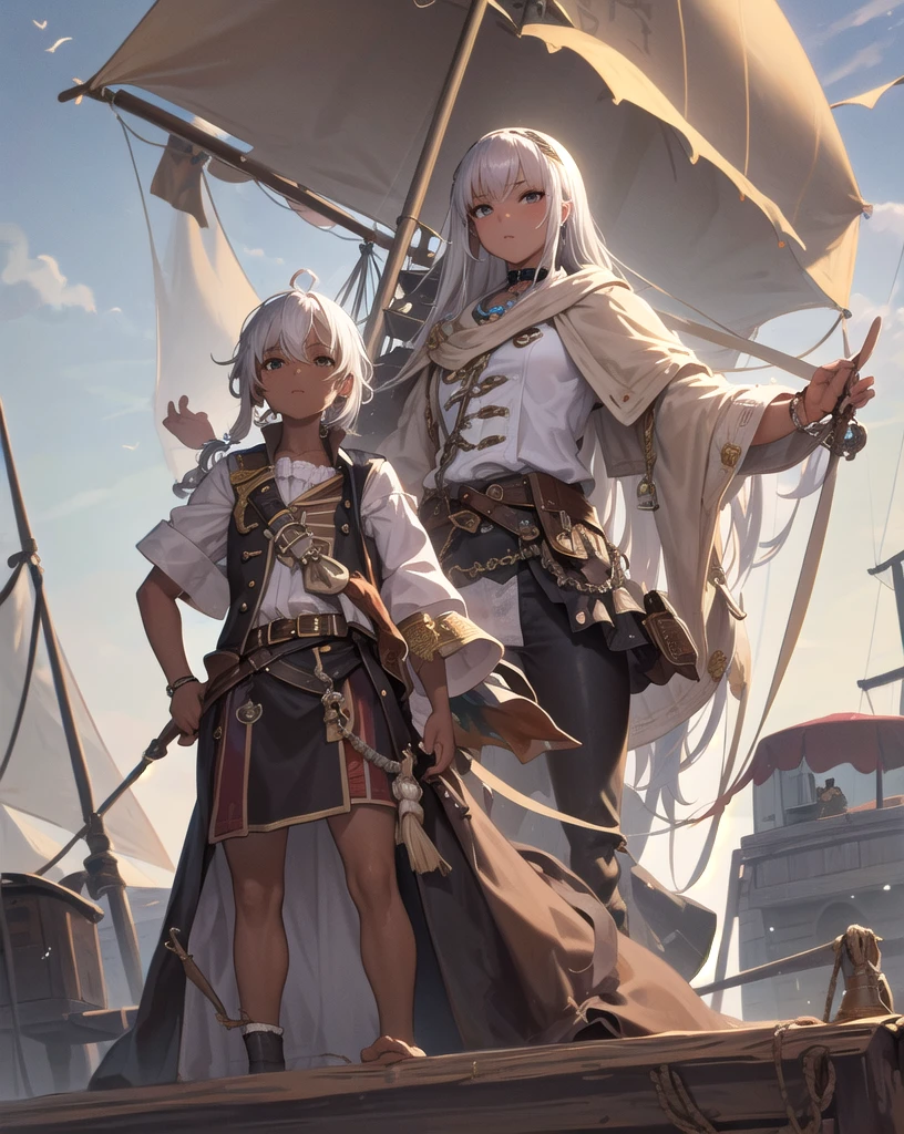 masterpiece,masterpiece, Highest quality, Brown skin,On the pirate ship,Silver Hair,mizikai