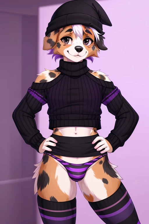 ((SFW)) ((18, cute, furry, Australian Shepherd dog boy femboy wearing purple thin, low panties with a large bulge, black beanie, purple and black striped croptop sweater with tops of shoulders exposed, and black and purple striped thigh-high socks, best quality)) ((right hand inside panties, left hand on hip)) ((exposed hips))