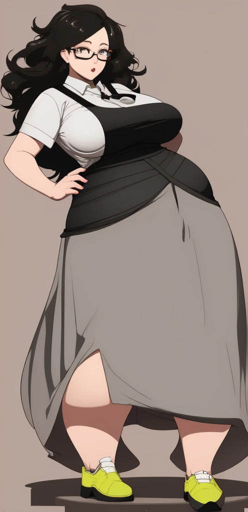 Nerdy woman, thick glasses, messy hair, gigantic breast, extremely wide hips, baggy shirt and long skirt