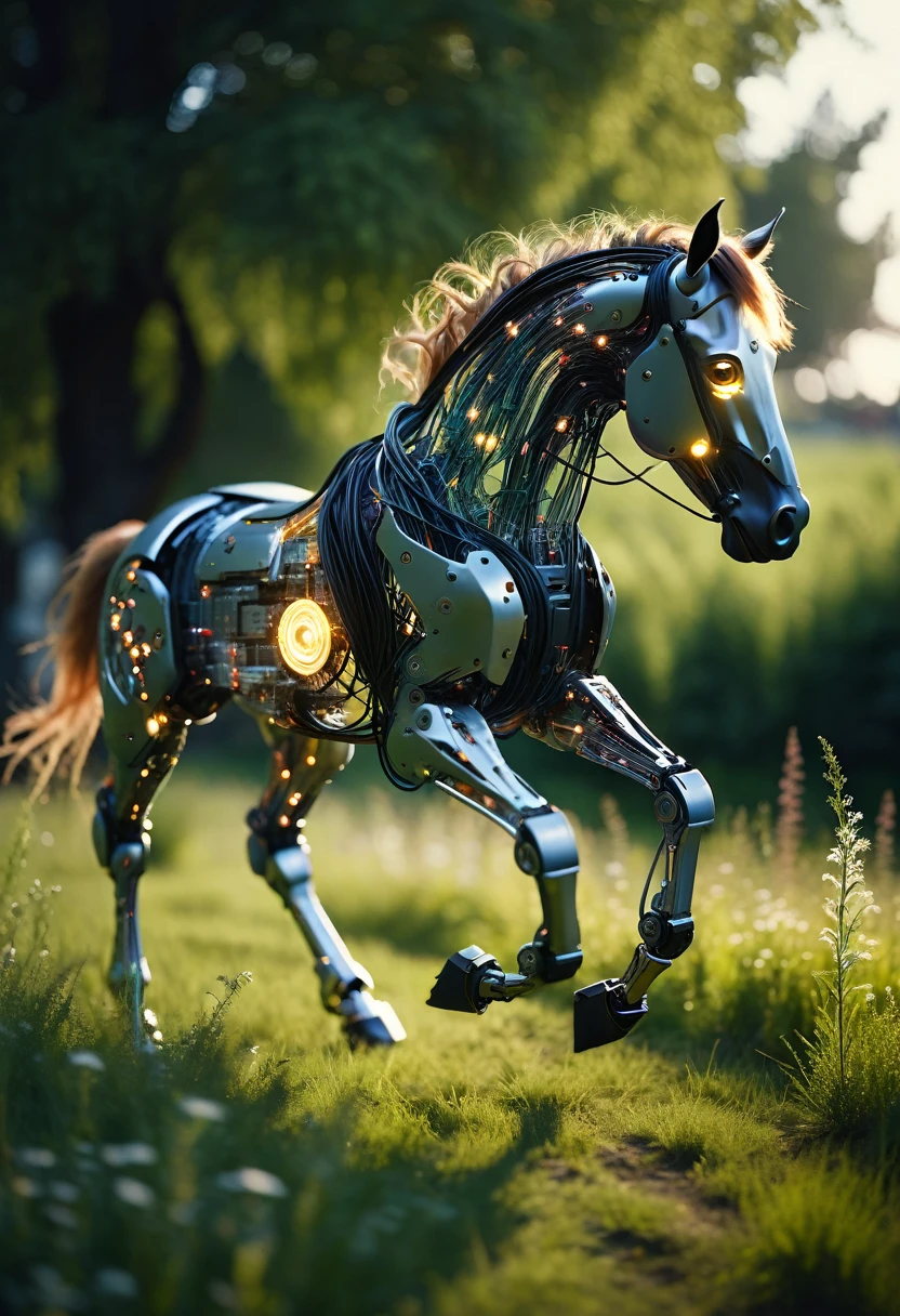 Translucent Film Still ,Horse, (running in meadow:1.2), General view, (cybernetic robotic horse:1.5), (glowing veins:1.3) (cables going into body, circuit:1.3), very detailed, vignette, very detailed, high budget, blurry, grumpy, awesome, nice, film grain Grainy Masterpiece Realistic, Top High Quality, Perfect Detail, Intricate Details, Nice Lighting, Detailed Backgrounds, Detailed, Vignetting, Highly Detailed, High Budget, Bokeh, Moody, Awesome, Lovely, Film Grain