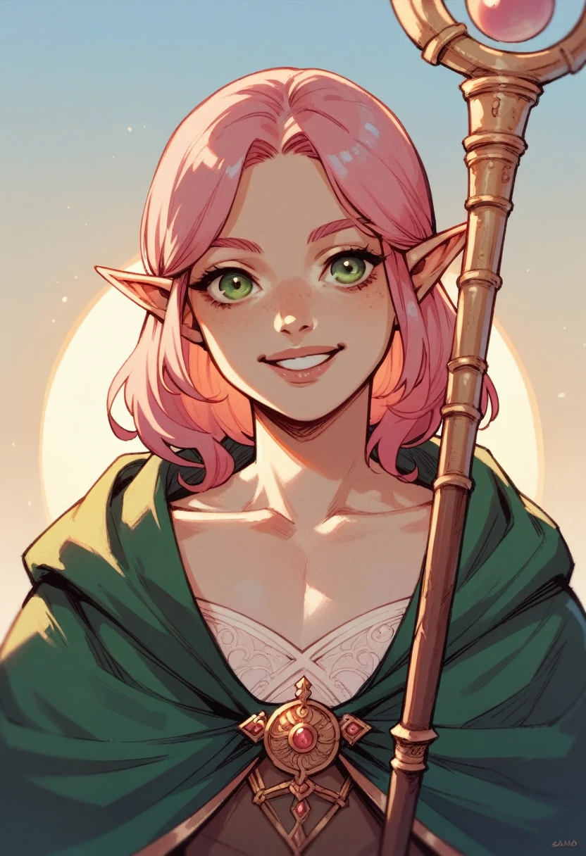 elf, woman, dnd, pink hair, adventurer, green cloak, elegant, wield staff, green eye, sun light, bust shot, flat chest, happy