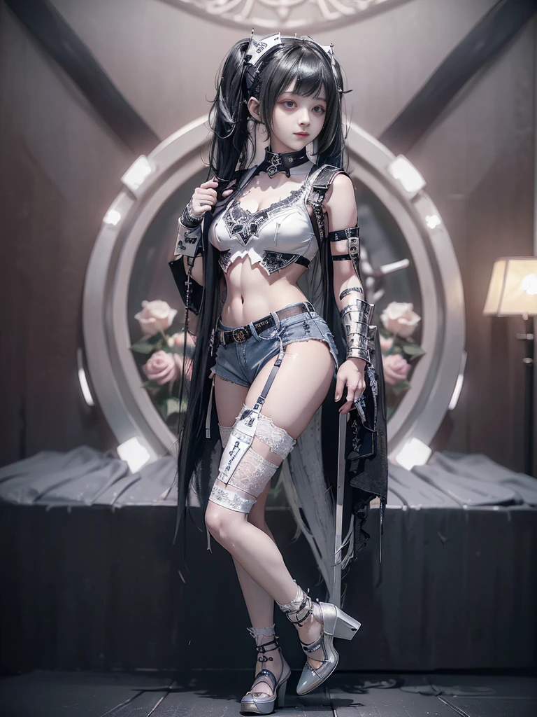 (Full Body View:1.5)、(lotus position:1.4)、(Smiling with teeth showing:1.3),(Shibuya Gal:1.5)、(Gothic Lolita style fashion:1.5)、(Punk RockVisual Kei:1.5)、(Wearing a rhythmic gymnastics bodysuit with intricate details:1.4)、(Racing suit and pants with intricate decorations in white, denim and charcoal:1.5)、(Denim and light blue and white boots:1.3)、((belt))、(Numerous delicate logo marks all over the costume:1.4)、(collar:1.3)、(Striped underwear:1.5)、20-year-old、NSFW、((Highest quality、In 8K、masterpiece:1.3))、Sharp focus:1.2、(Layered Cut、Huge boobs:1.1),Beautiful woman with perfect figure:1.4、(Dancing vigorously:1.3)、Slender Abs:1.2、Highly detailed face and skin texture、Detailed eyes、double eyelid,(Twin tails:1.3)、(Dark silver hair:1.3)、Gravure idol、(The background is the stage of the fashion show:1.3)、(Slim body:1.3),(Make your legs thinner:1.4),（clavicle:1.1）、(Thin and slim thighs:1.3)