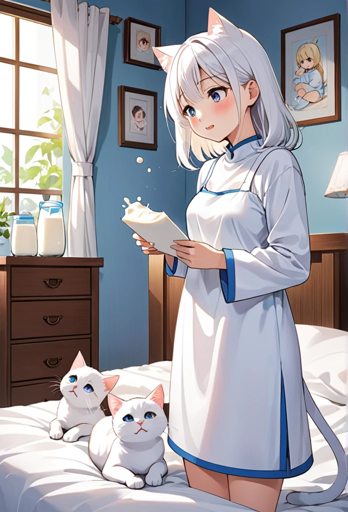 A scene of the white cat Milk continuing treatment to recover。Milk fights disease、I am encouraged by the love and support of my family.。While lying in bed、Milk is undergoing treatment with a positive attitude、Please draw the family standing nearby, watching over them with worried expressions.。