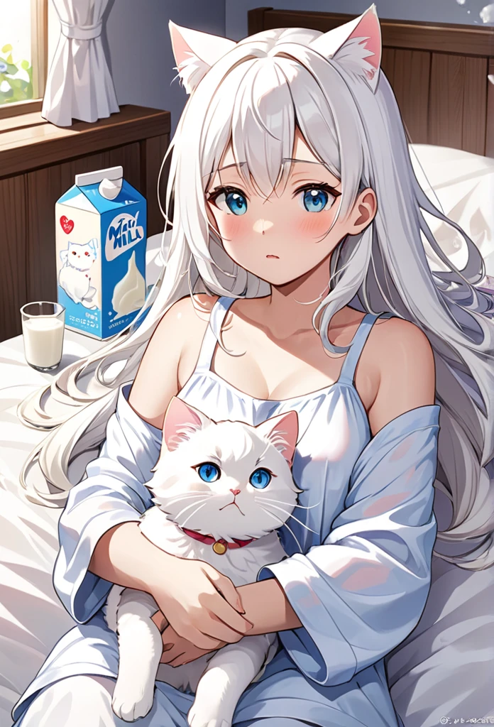 A scene of the white cat Milk continuing treatment to recover。Milk fights disease、I am encouraged by the love and support of my family.。While lying in bed、Milk is undergoing treatment with a positive attitude、Please draw the family standing nearby, watching over them with worried expressions.。