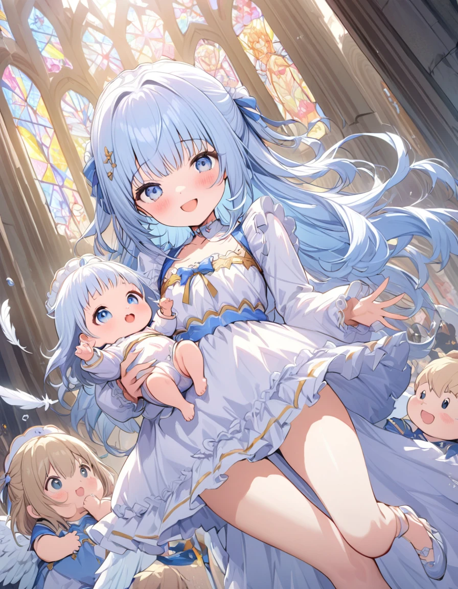 masterpiece, best quality, extremely detailed, (illustration, official art:1.1), 1 girl ,(((( light blue long hair)))), ,(((( light blue long hair)))),light blue hair , , long hair ((blush)) , cute face, big eyes, masterpiece, best quality,(((((a very delicate and beautiful girl))))),Amazing,beautiful detailed eyes,blunt bangs(((( little delicate girl)))),tareme(true beautiful:1.2), sense of depth,dynamic angle,,,, affectionate smile, (true beautiful:1.2),,(tiny 1girl model:1.2),)(flat chest) ,nijijourneywaterpainting,  angel have wine, cathedral --niji 6ChromaFT_v3(best quality), (beautiful detailed eyes), (ultra-detailed), (finely detail), (highres), (baby:1.2), (ddler:1.5), (Four Feathers　angel Victory), (happy:1.2), angel have wine, cathedral, (stained glass:1.3), (gold decorated:1.2), (scattered gems:1.2), (wine:1.2),fullbody,