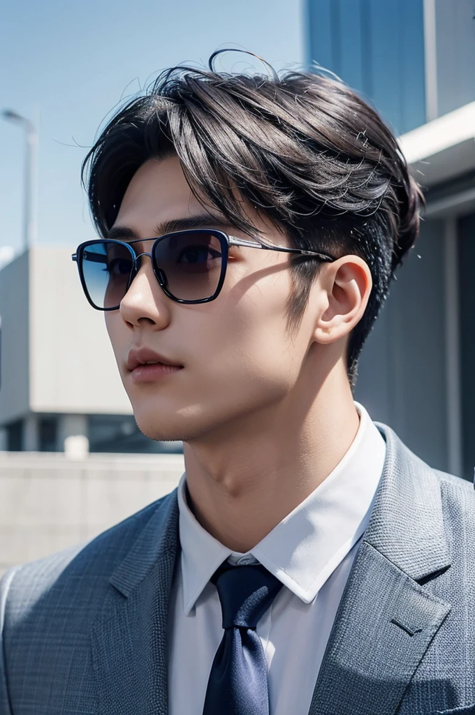 Hair up to the neck、male、Blue Sunglasses、Silver Mesh、suit