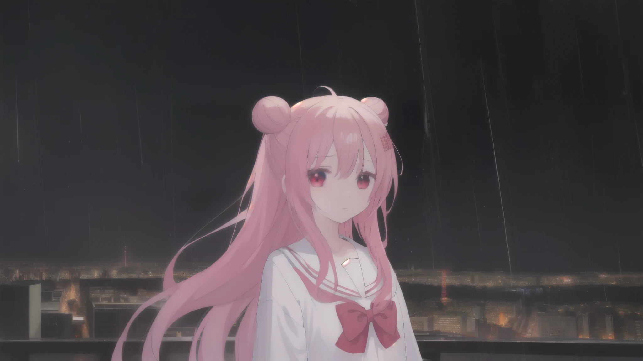 masterpiece, best quality, city background, rainy, 1girl, solo, upper body, bow, serafuku, satou, emotionless, expressionless, anime wallpaper 4k, detailed background, detailed hair